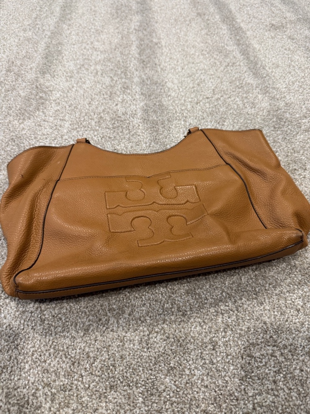 Tory Burch Cognac Leather Shoulder Tote with Embossed Logo - Picture 4 of 9